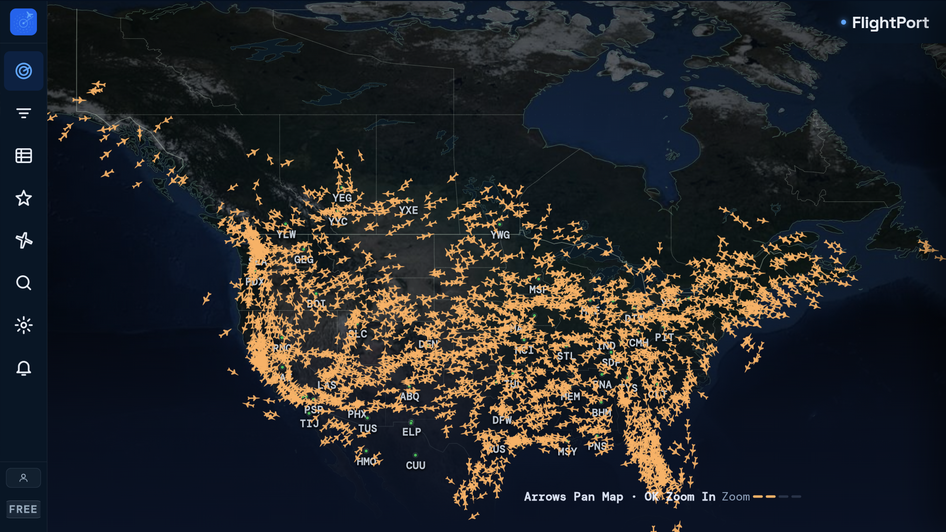 FlightPort commercial radar showing live aircraft over North America