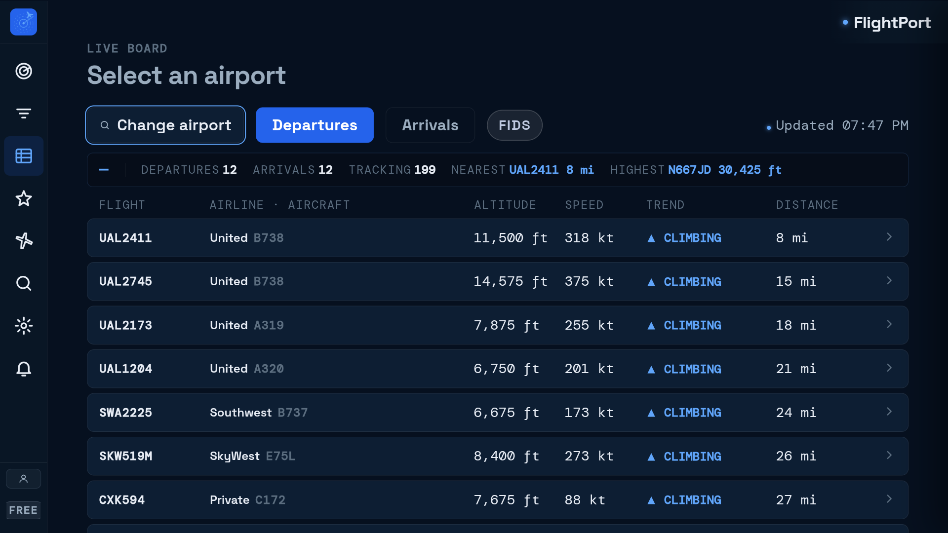 FlightPort live airport board showing departures and arrivals